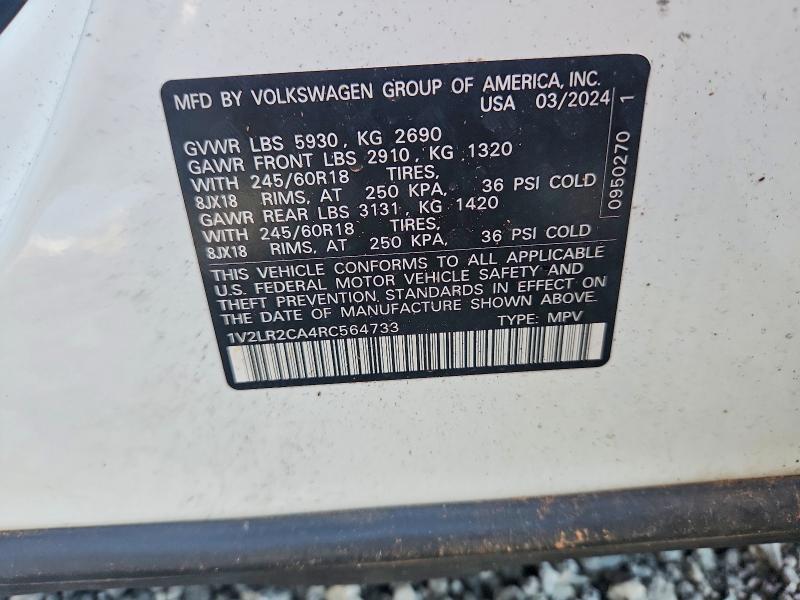 58606456 :رقم المزاد ، 1V2LR2CA4RC564733 vin ، 2024 Volkswagen Atlas مزاد بيع