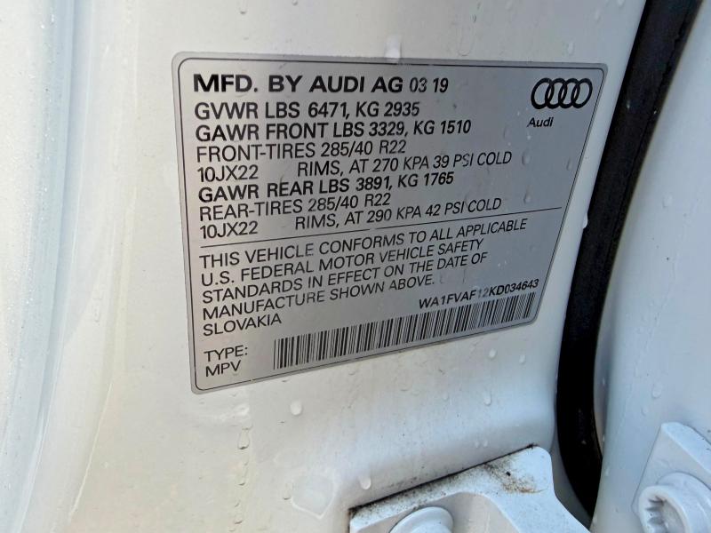 58647026 :رقم المزاد ، WA1FVAF12KD034643 vin ، 2019 Audi Q8 مزاد بيع