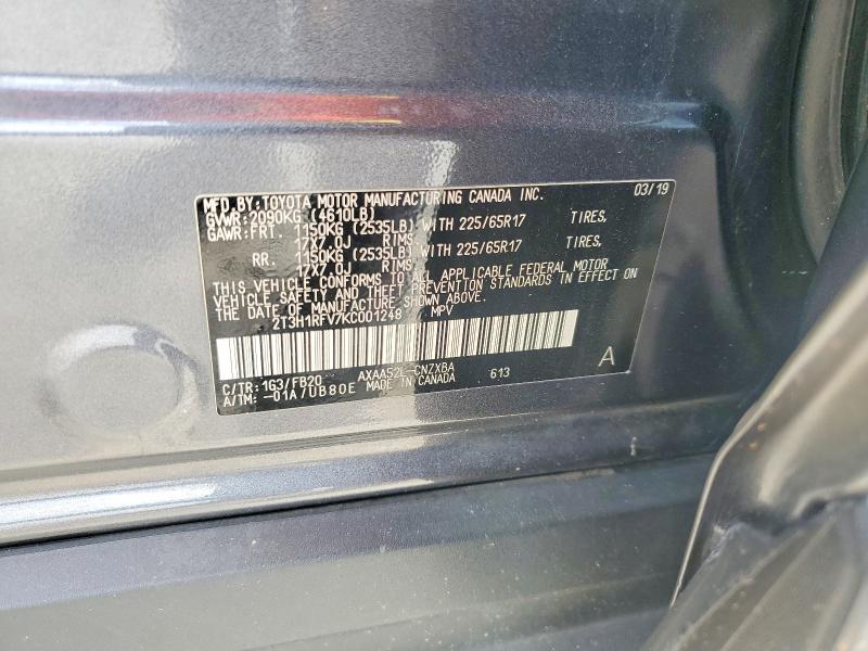 58825596 :رقم المزاد ، 2T3H1RFV7KC001248 vin ، 2019 Toyota Rav4 مزاد بيع