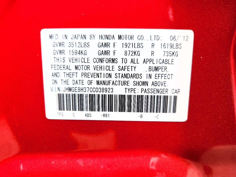 2012 Honda Fit მანქანა იყიდება აუქციონზე, vin: JHMGE8H37CC038923, აუქციონის ნომერი: 57257086