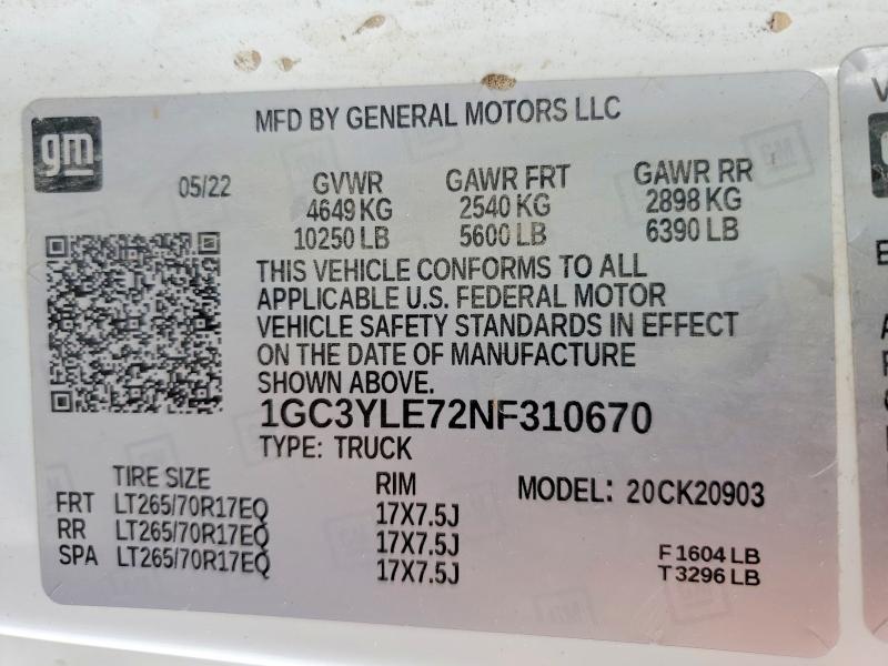 Продажа на аукционе авто 2022 Chevrolet Silverado, vin: 1GC3YLE72NF310670, номер лота: 58030706