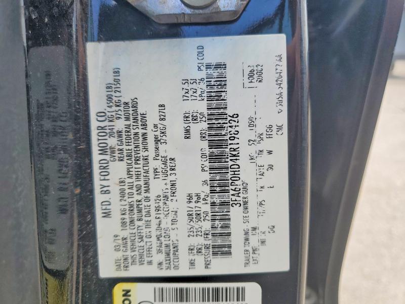 2019 Ford Fusion მანქანა იყიდება აუქციონზე, vin: 3FA6P0HD4KR198426, აუქციონის ნომერი: 55430326