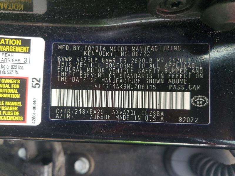 Продажа на аукционе авто 2022 Toyota Camry, vin: 4T1G11AK6NU708315, номер лота: 57742056