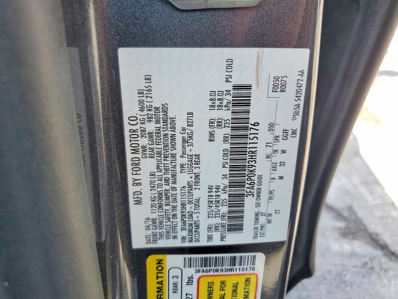 Продаж на аукціоні авто 2017 Ford Fusion, vin: 3FA6P0K93HR115176, номер лоту: 58149666