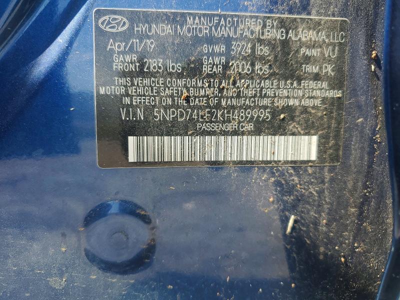 58943586 :رقم المزاد ، 5NPD74LF2KH489995 vin ، 2019 Hyundai Elantra مزاد بيع