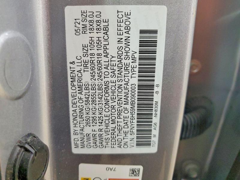 58954966 :رقم المزاد ، 5FNYF6H59MB090003 vin ، 2021 Honda Pilot مزاد بيع