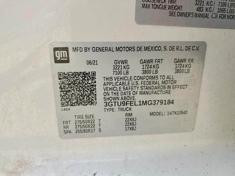 Aukcja sprzedaży 2021 Gmc Sierra, vin: 3GTU9FEL1MG379184, numer aukcji: 57314756