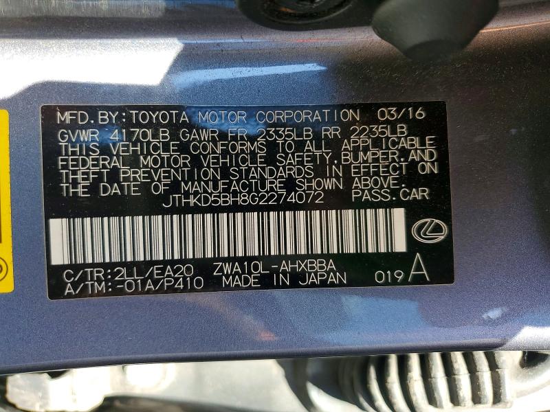 Aukcja sprzedaży 2016 Lexus Ct, vin: JTHKD5BH8G2274072, numer aukcji: 58598066