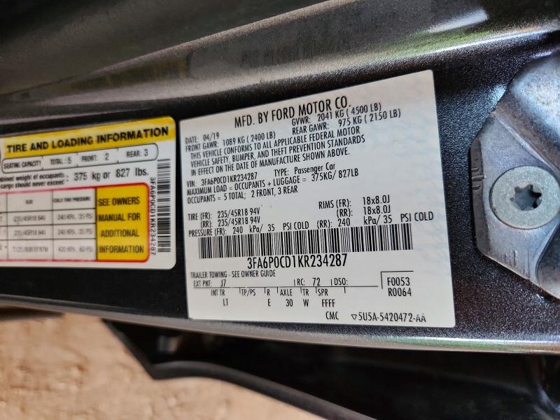 56034686 :رقم المزاد ، 3FA6P0CD1KR234287 vin ، 2019 Ford Fusion مزاد بيع