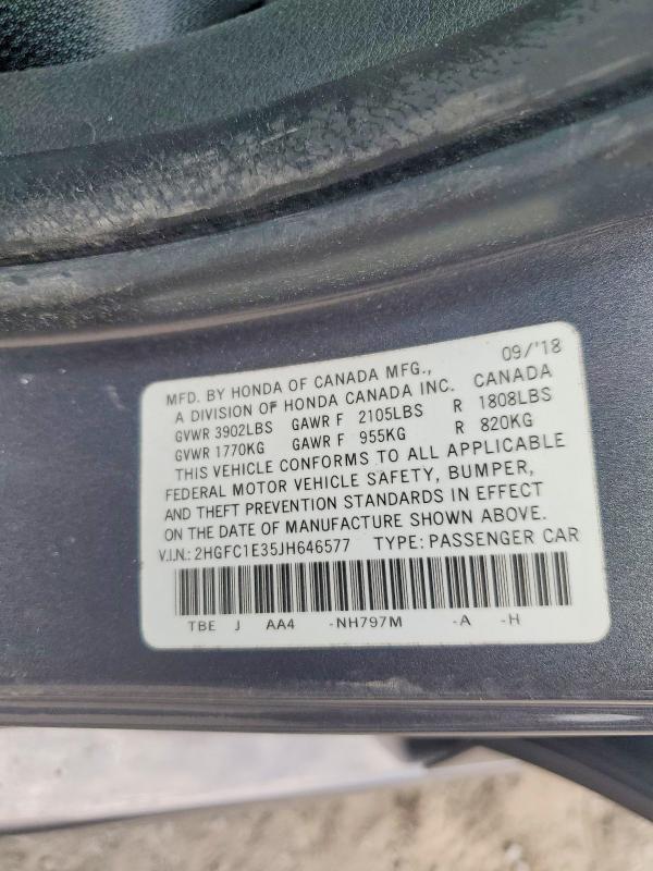 2018 Honda Civic მანქანა იყიდება აუქციონზე, vin: 2HGFC1E35JH646577, აუქციონის ნომერი: 57641926
