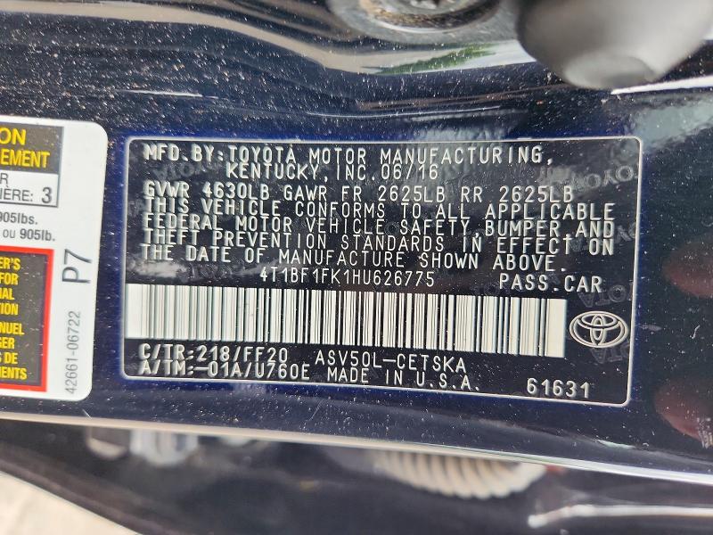 2017 Toyota Camry მანქანა იყიდება აუქციონზე, vin: 4T1BF1FK1HU626775, აუქციონის ნომერი: 58894236