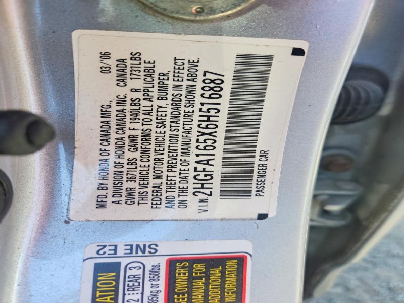 Aukcja sprzedaży 2006 Honda Civic, vin: 2HGFA165X6H516887, numer aukcji: 56148156