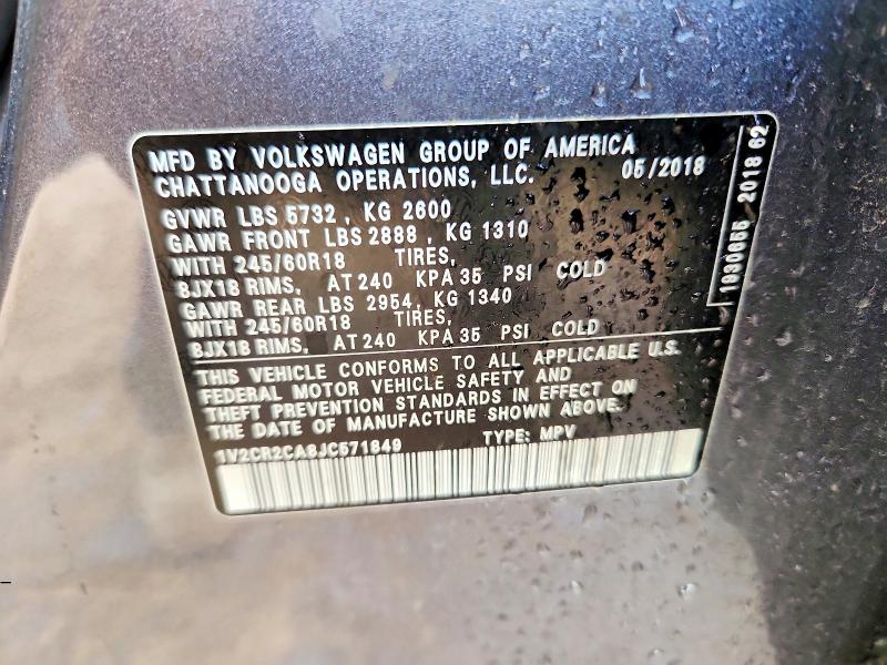 59314806 :رقم المزاد ، 1V2CR2CA8JC571849 vin ، 2018 Volkswagen Atlas مزاد بيع