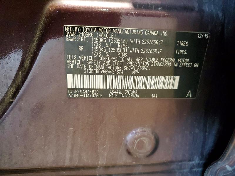 55366416 :رقم المزاد ، 2T3BFREV6GW431674 vin ، 2016 Toyota Rav4 مزاد بيع