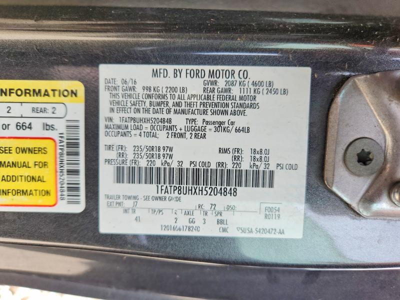 2017 Ford Mustang მანქანა იყიდება აუქციონზე, vin: 1FATP8UHXH5204848, აუქციონის ნომერი: 57635806