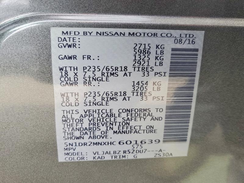 2017 Nissan Pathfinder მანქანა იყიდება აუქციონზე, vin: 5N1DR2MNXHC601639, აუქციონის ნომერი: 56637266