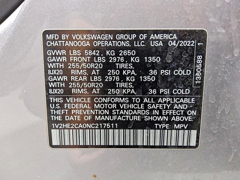 57562146 :رقم المزاد ، 1V2HE2CA0NC217511 vin ، 2022 Volkswagen Atlas Cross Sport مزاد بيع
