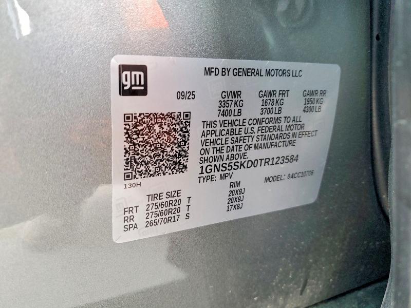 Aukcja sprzedaży 2026 Chevrolet Tahoe, vin: 1GNS5SKD0TR123584, numer aukcji: 58809926