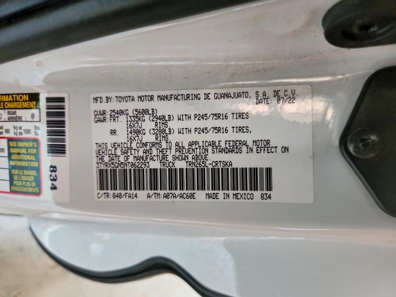 76295725 :رقم المزاد ، 3TYRX5GN5NT062293 vin ، 2022 Toyota Tacoma مزاد بيع