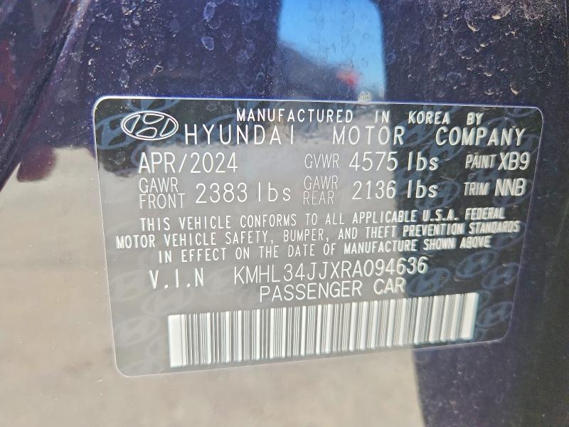55611246 :رقم المزاد ، KMHL34JJXRA094636 vin ، 2024 Hyundai Sonata Hybrid مزاد بيع