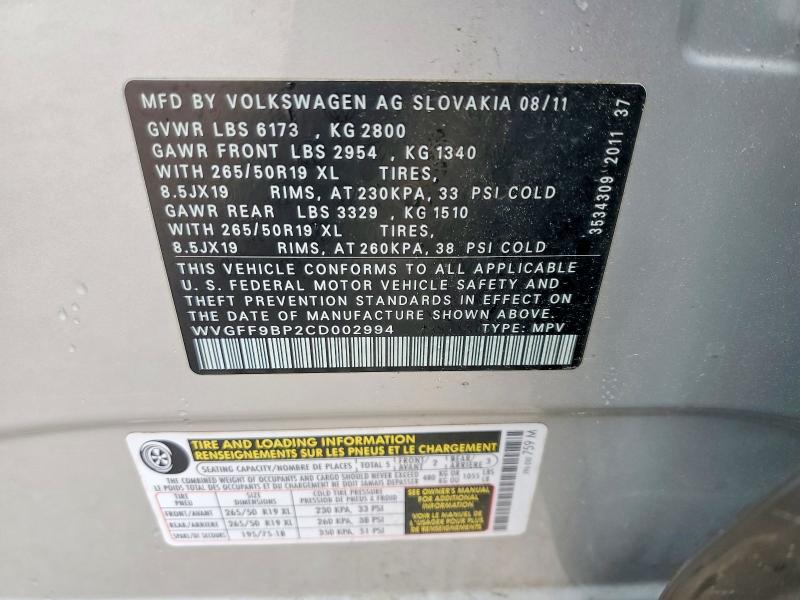 56323956 :رقم المزاد ، WVGFF9BP2CD002994 vin ، 2012 Volkswagen Touareg مزاد بيع