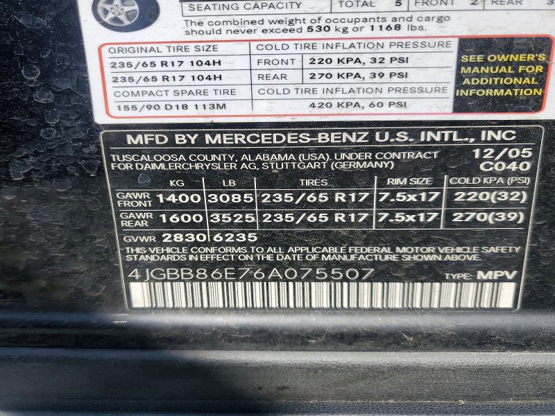 57959856 :رقم المزاد ، 4JGBB86E76A075507 vin ، 2006 Mercedes-benz Ml مزاد بيع