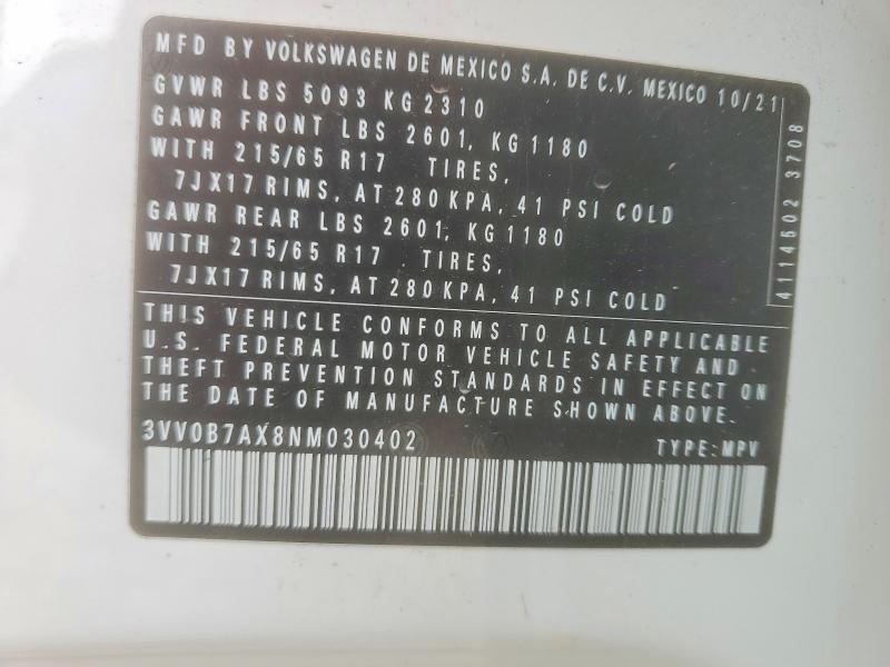 57212916 :رقم المزاد ، 3VV0B7AX8NM030402 vin ، 2022 Volkswagen Tiguan مزاد بيع