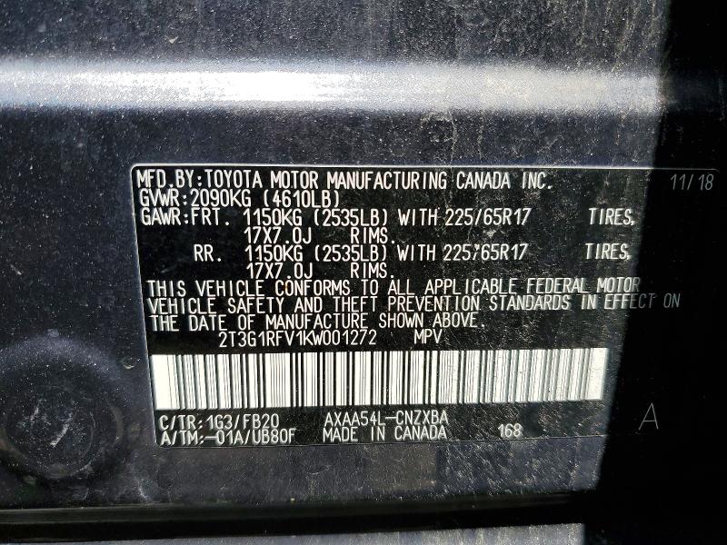 Auction sale of the 2019 Toyota Rav4, vin: 2T3G1RFV1KW001272, lot number: 55671896