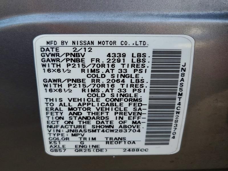Aukcja sprzedaży 2012 Nissan Rogue, vin: JN8AS5MT4CW283704, numer aukcji: 59539926