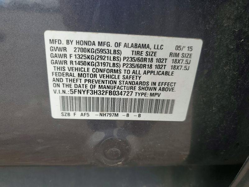 Продажа на аукционе авто 2015 Honda Pilot, vin: 5FNYF3H32FB034727, номер лота: 57329506
