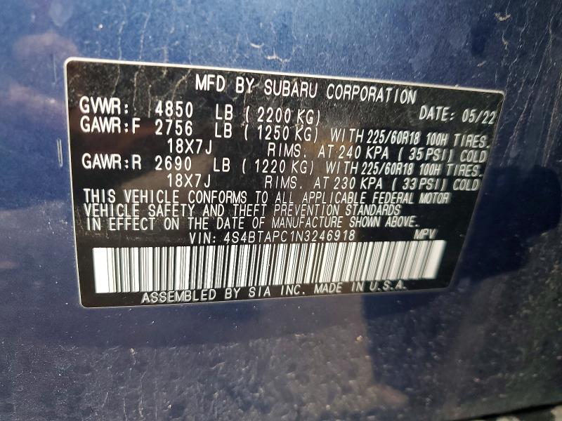Aukcja sprzedaży 2022 Subaru Outback, vin: 4S4BTAPC1N3246918, numer aukcji: 54595566