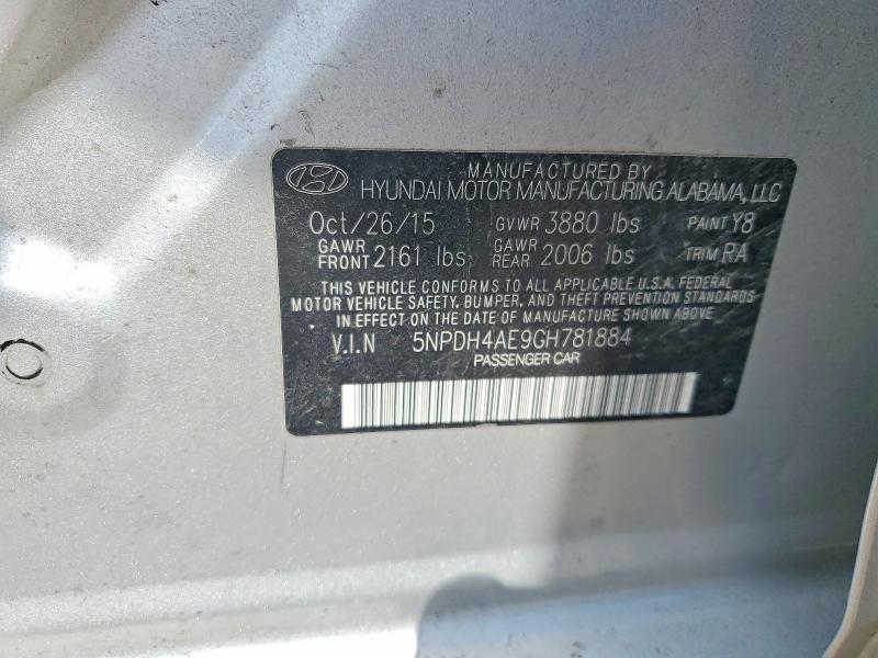 2016 Hyundai Elantra მანქანა იყიდება აუქციონზე, vin: 5NPDH4AE9GH781884, აუქციონის ნომერი: 58991626