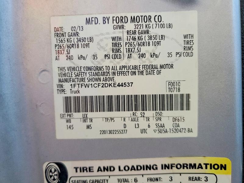 2013 Ford F150 მანქანა იყიდება აუქციონზე, vin: 1FTFW1CF2DKE44537, აუქციონის ნომერი: 56284406