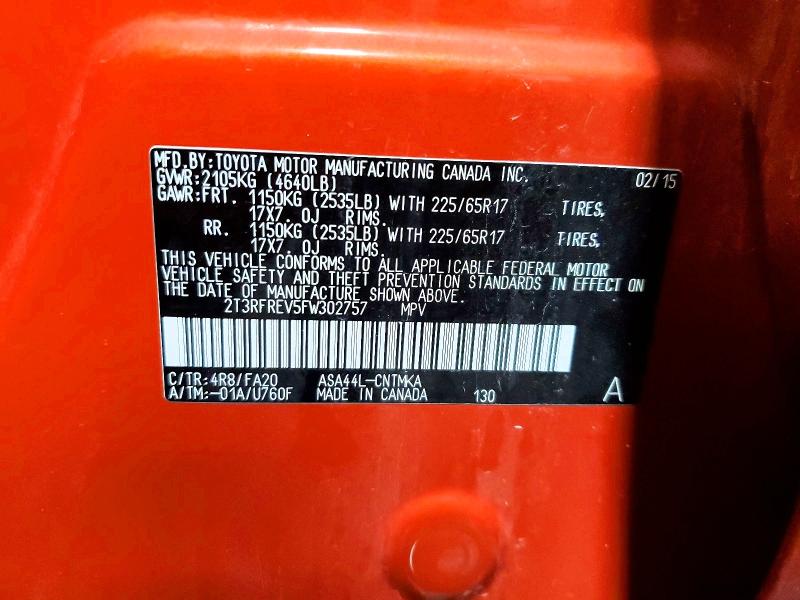 2015 Toyota Rav4 მანქანა იყიდება აუქციონზე, vin: 2T3RFREV5FW302757, აუქციონის ნომერი: 56961546