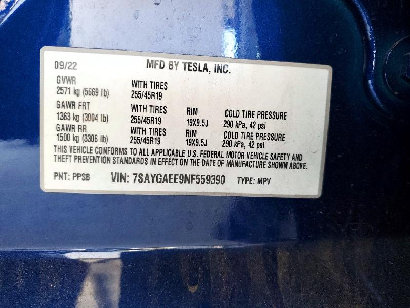 Продажа на аукционе авто 2022 Tesla Model Y, vin: 7SAYGAEE9NF559390, номер лота: 58909856