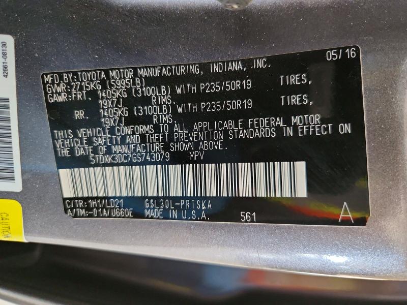 58860026 :رقم المزاد ، 5TDXK3DC7GS743079 vin ، 2016 Toyota Sienna مزاد بيع