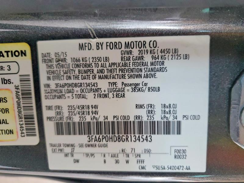 2016 Ford Fusion მანქანა იყიდება აუქციონზე, vin: 3FA6P0HD8GR134543, აუქციონის ნომერი: 58084416