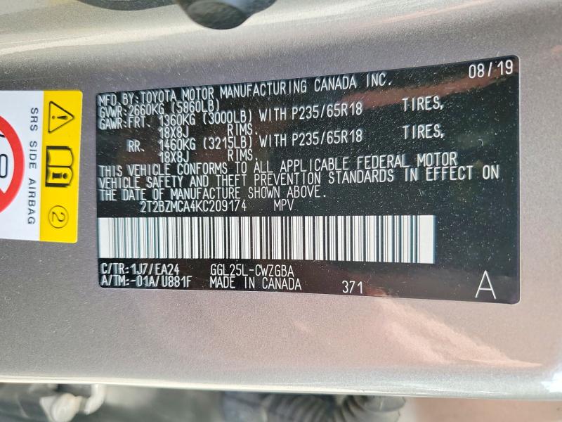 56992766 :رقم المزاد ، 2T2BZMCA4KC209174 vin ، 2019 Lexus Rx 350 مزاد بيع