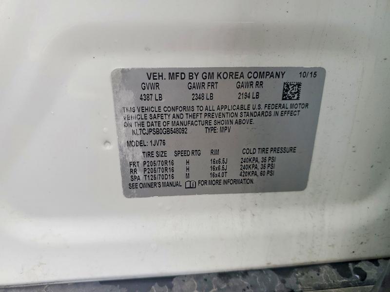 2016 Chevrolet Trax მანქანა იყიდება აუქციონზე, vin: KL7CJPSB0GB548092, აუქციონის ნომერი: 58053126