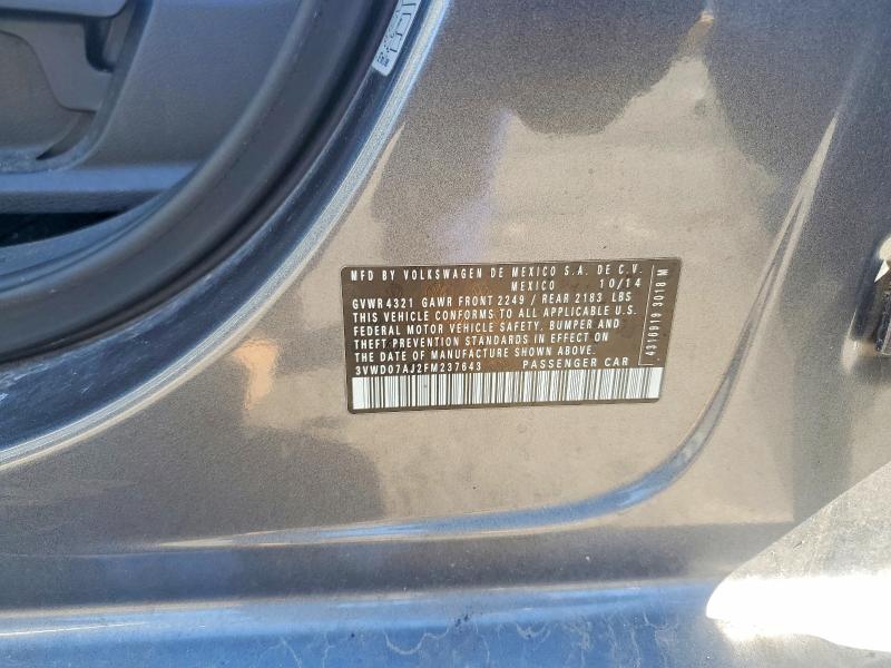 2015 Volkswagen Jetta მანქანა იყიდება აუქციონზე, vin: 3VWD07AJ2FM237643, აუქციონის ნომერი: 56715096