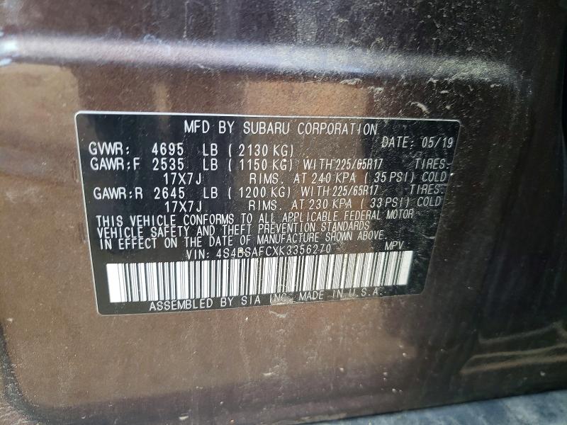 Aukcja sprzedaży 2019 Subaru Outback, vin: 4S4BSAFCXK3356270, numer aukcji: 56482596
