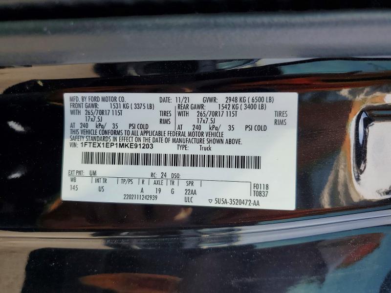 2021 Ford F150 მანქანა იყიდება აუქციონზე, vin: 1FTEX1EP1MKE91203, აუქციონის ნომერი: 57174246