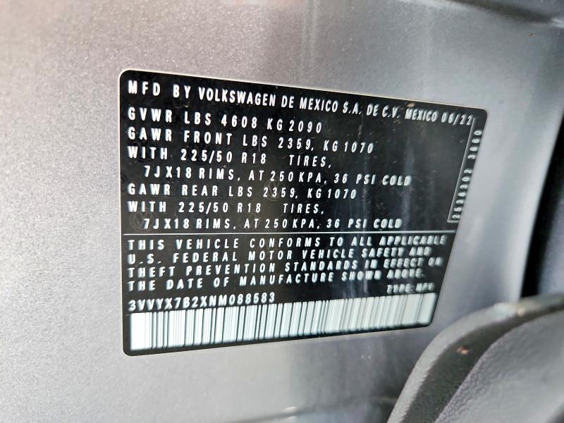 Aukcja sprzedaży 2022 Volkswagen Taos, vin: 3VVYX7B2XNM088583, numer aukcji: 58371846