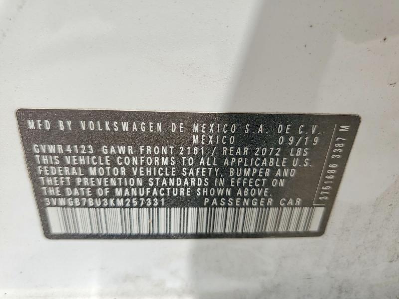 2019 Volkswagen Jetta მანქანა იყიდება აუქციონზე, vin: 3VWGB7BU3KM257331, აუქციონის ნომერი: 59018116