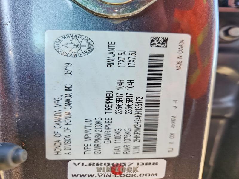 55030546 :رقم المزاد ، 2HKRW2H24KH135172 vin ، 2019 Honda Cr-v مزاد بيع