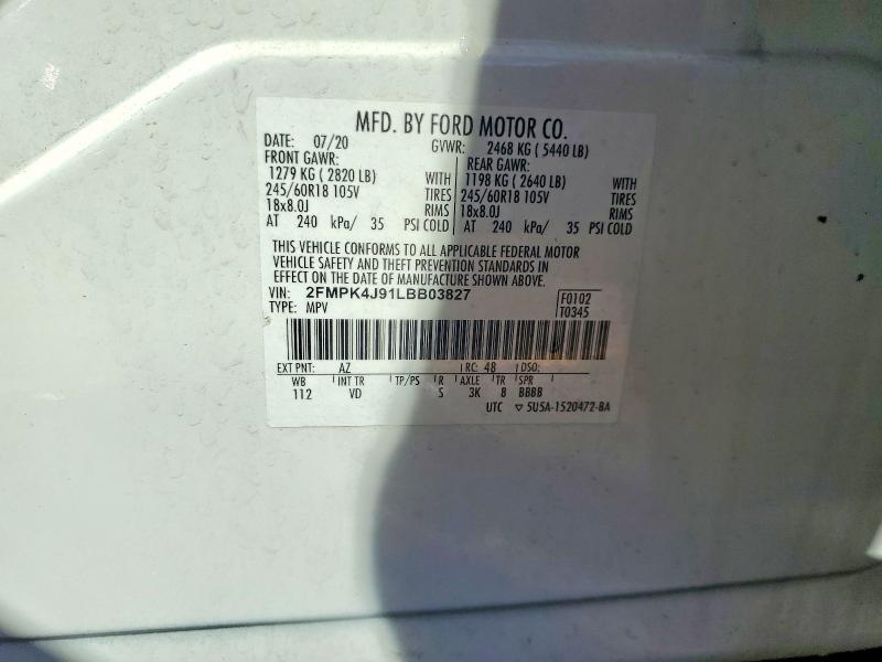 57147646 :رقم المزاد ، 2FMPK4J91LBB03827 vin ، 2020 Ford Edge مزاد بيع