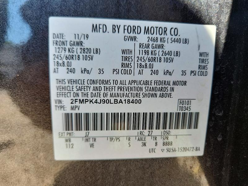 2020 Ford Edge მანქანა იყიდება აუქციონზე, vin: 2FMPK4J90LBA18400, აუქციონის ნომერი: 57239156