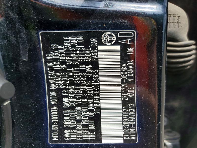59129866 :رقم المزاد ، 2T1BURHE6KC139835 vin ، 2019 Toyota Corolla مزاد بيع