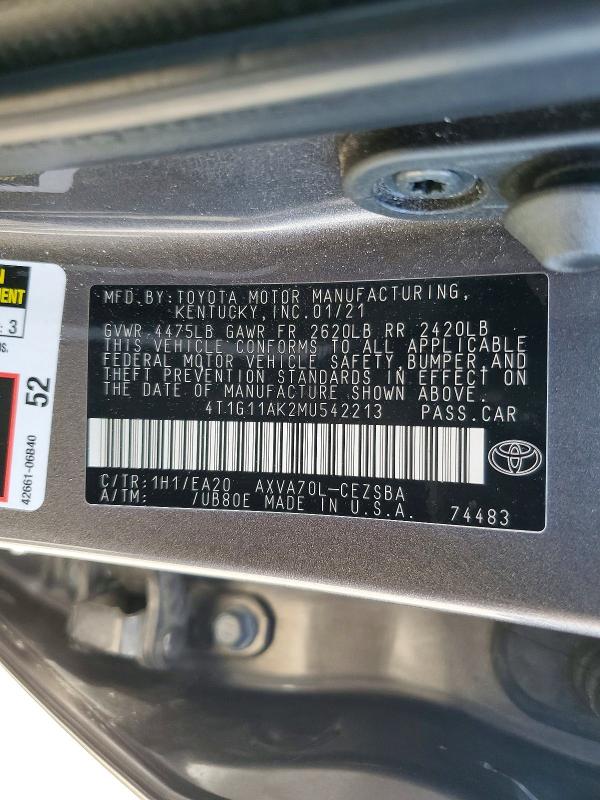 Продажа на аукционе авто 2021 Toyota Camry, vin: 4T1G11AK2MU542213, номер лота: 56216626