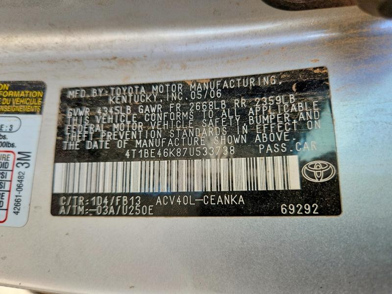 Aukcja sprzedaży 2007 Toyota Camry, vin: 4T1BE46K87U533738, numer aukcji: 59129686